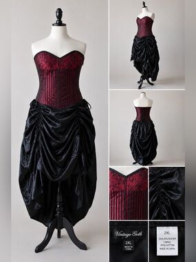 Gothic Victorian Corset Dress Burgundy Black Bustier Steampunk Vampire Plus XXL